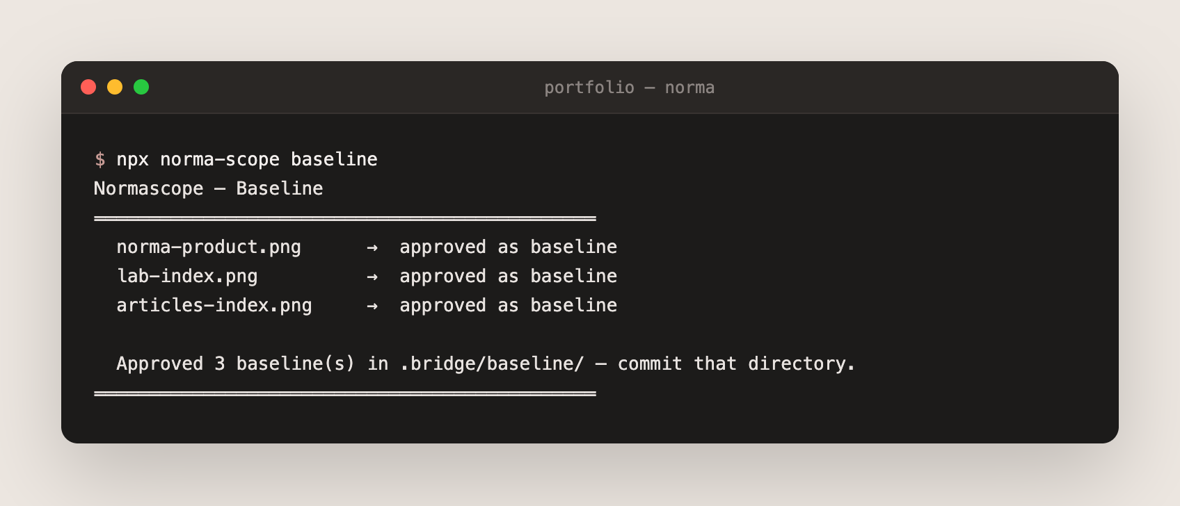 Normascope terminal output showing a baseline workflow